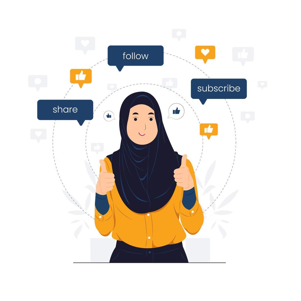 Muslim Woman showing like hand sign, feedback, public approval, joy, success, approval, happiness, and thumbs up symbol concept illustration vector