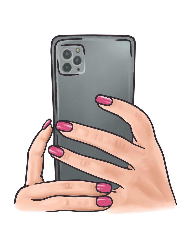 Hand holding phone back. cartoon vector hand-drawn illustration