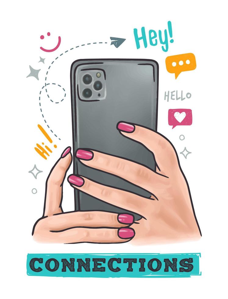 Hand holding phone back. vector hand-drawn illustration