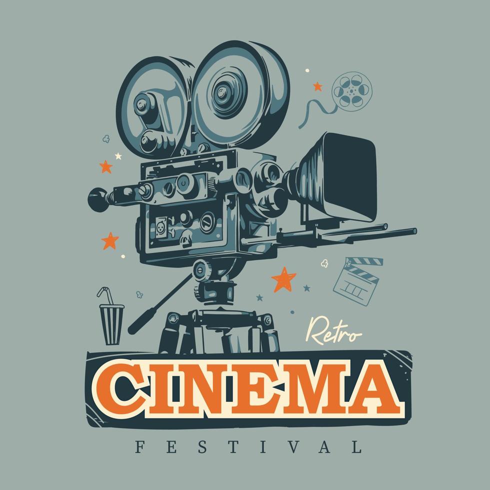 Retro cinema festival cinematography, Old movie camera on tripod poster vector