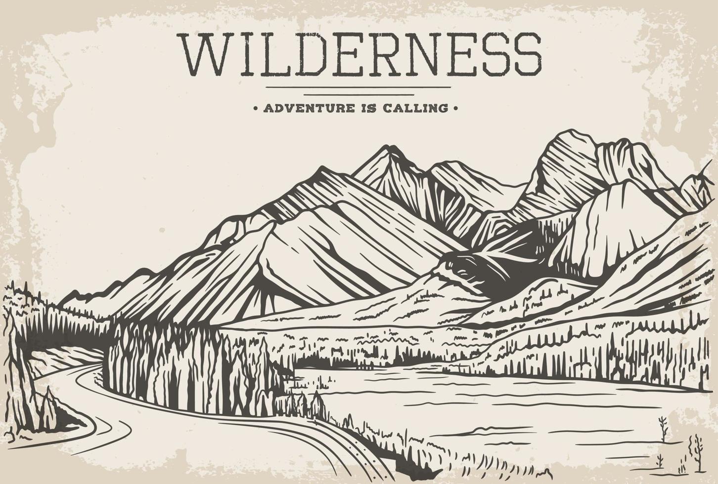 Rocky mountains wilderness adventure line art illustration vector
