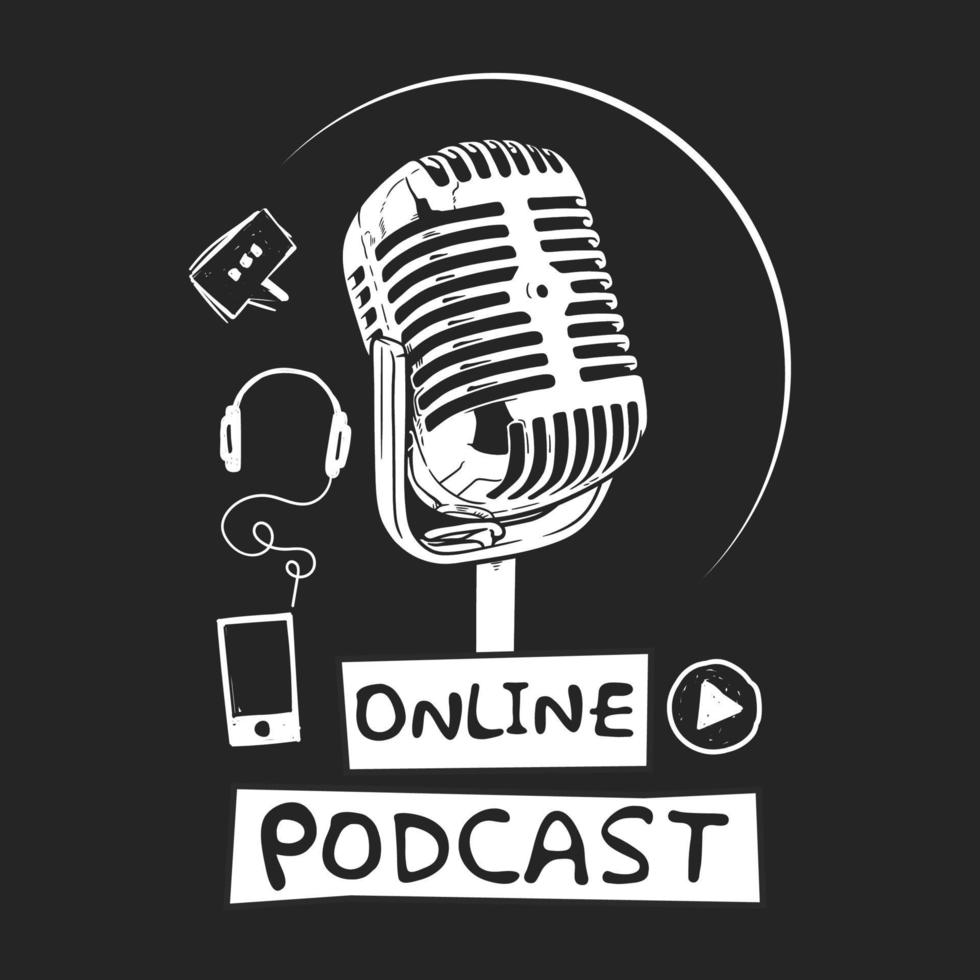 Online black and white podcast line art logo vector illustration