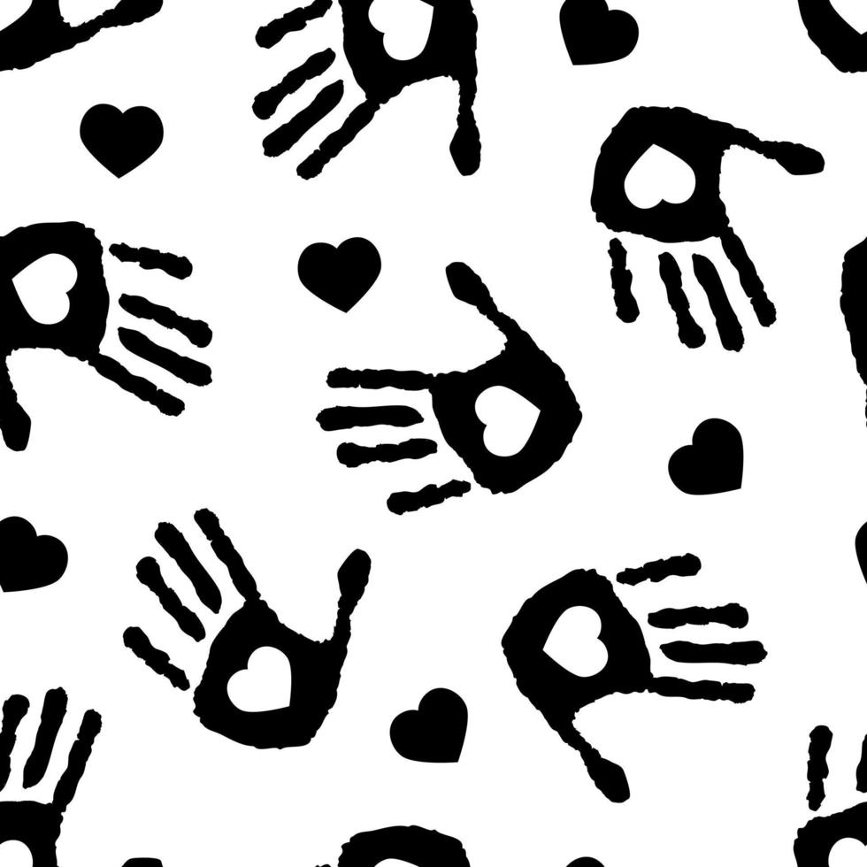 black and white seamless pattern with imprint of hands and hearts. Cartoon style. Children monochrome endless texture. Vector illustration.