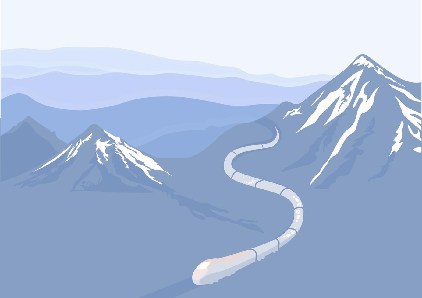 Mountain landscape vector stock illustration. The train descends from the peak of the ridge. Misty mountains with snow-capped peaks. Blue smoky daytime panoramic view. snake