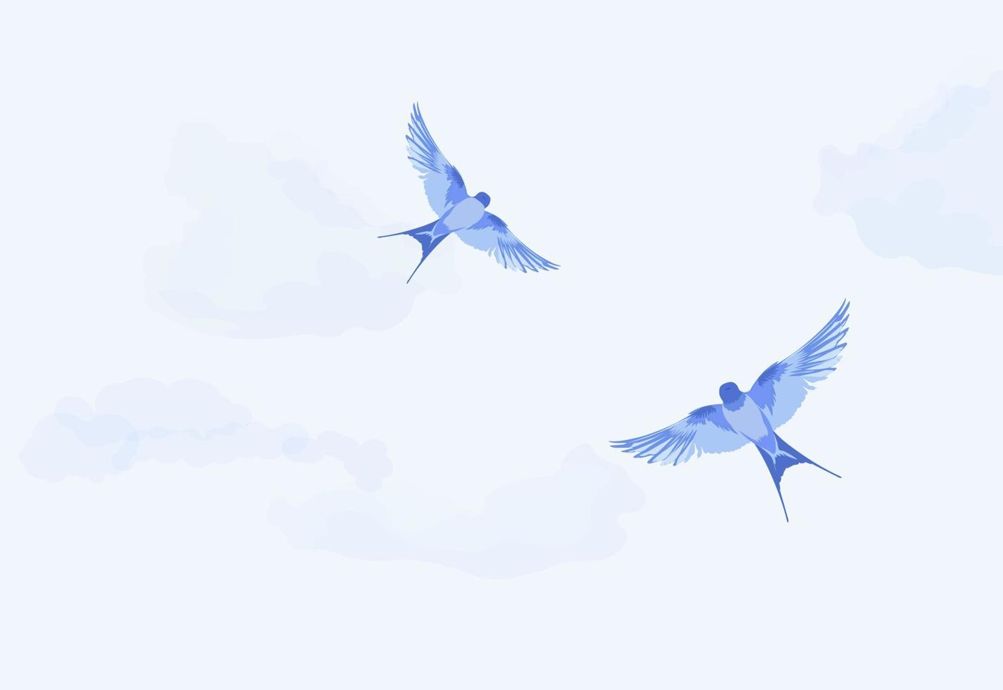 Sky with clouds vector stock illustration. The flight of blue birds. Air and freedom. The wing. The texture of the atmosphere. Postcard. A banner template with space for text.