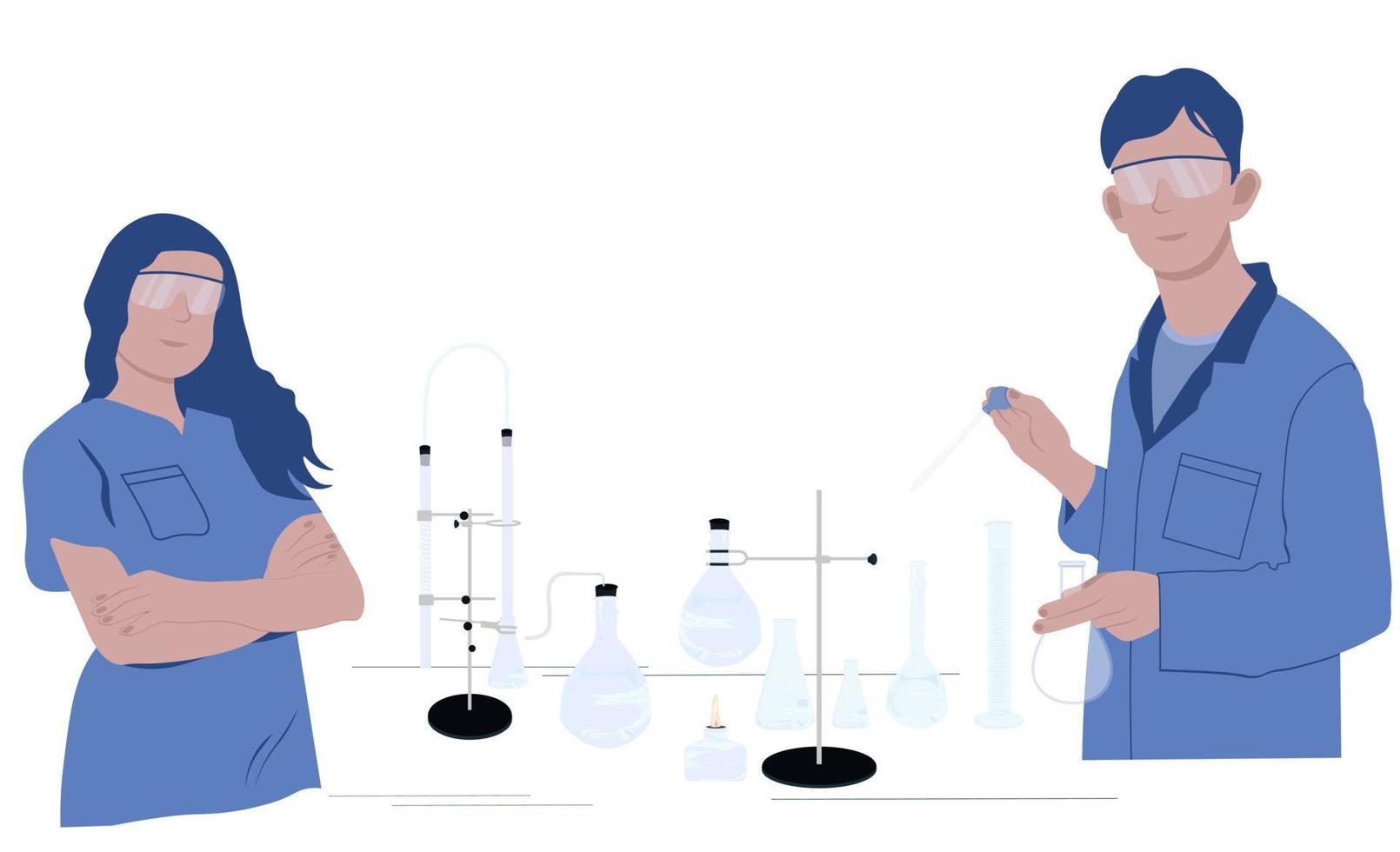 Scientists in medical coats vector stock illustration. Chemical laboratory. Test tubes and beakers are dishes for research. Analysis and experiments.