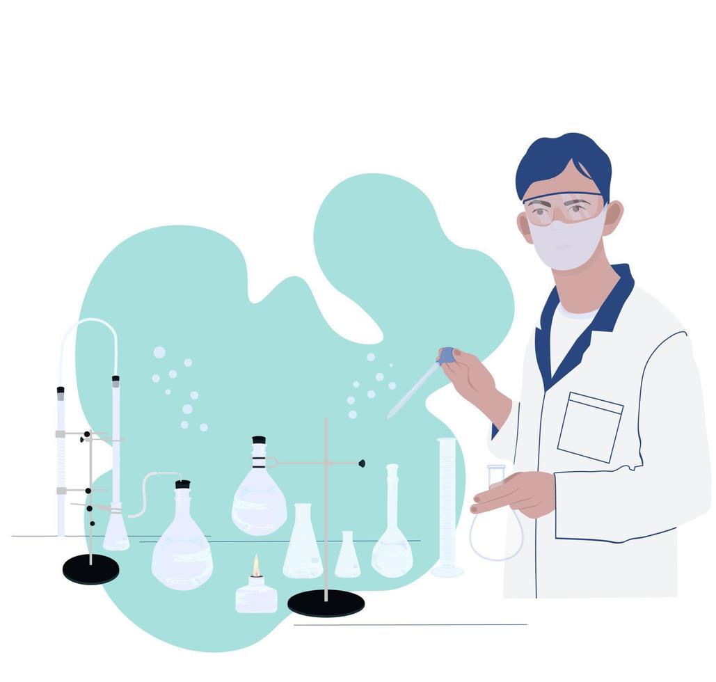 laboratory assistant conducts chemical research. Testing. Scientific developments in microbiology. Flasks, test tubes. The science. Vector stock illustration.