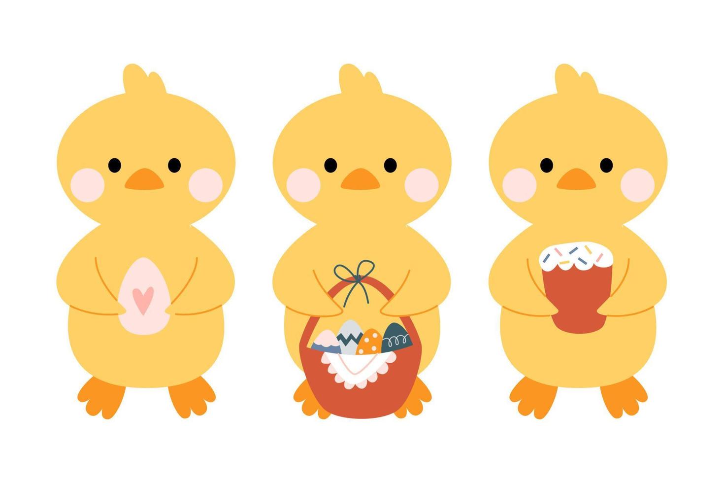 kawaii lindos pollos, patitos. Felices Pascuas. clipart encantador para postales, impresiones, pancartas, plantillas, redes sociales y web. ilustración de dibujos animados vectoriales. vector