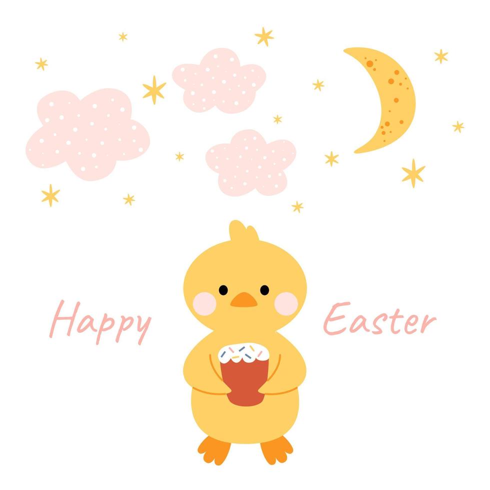 Kawaii cute chicken, duckling with moon, stars and clouds. Happy Easter. Charming clipart for postcards, prints, banners, templates, social media, web. Vector cartoon illustration.