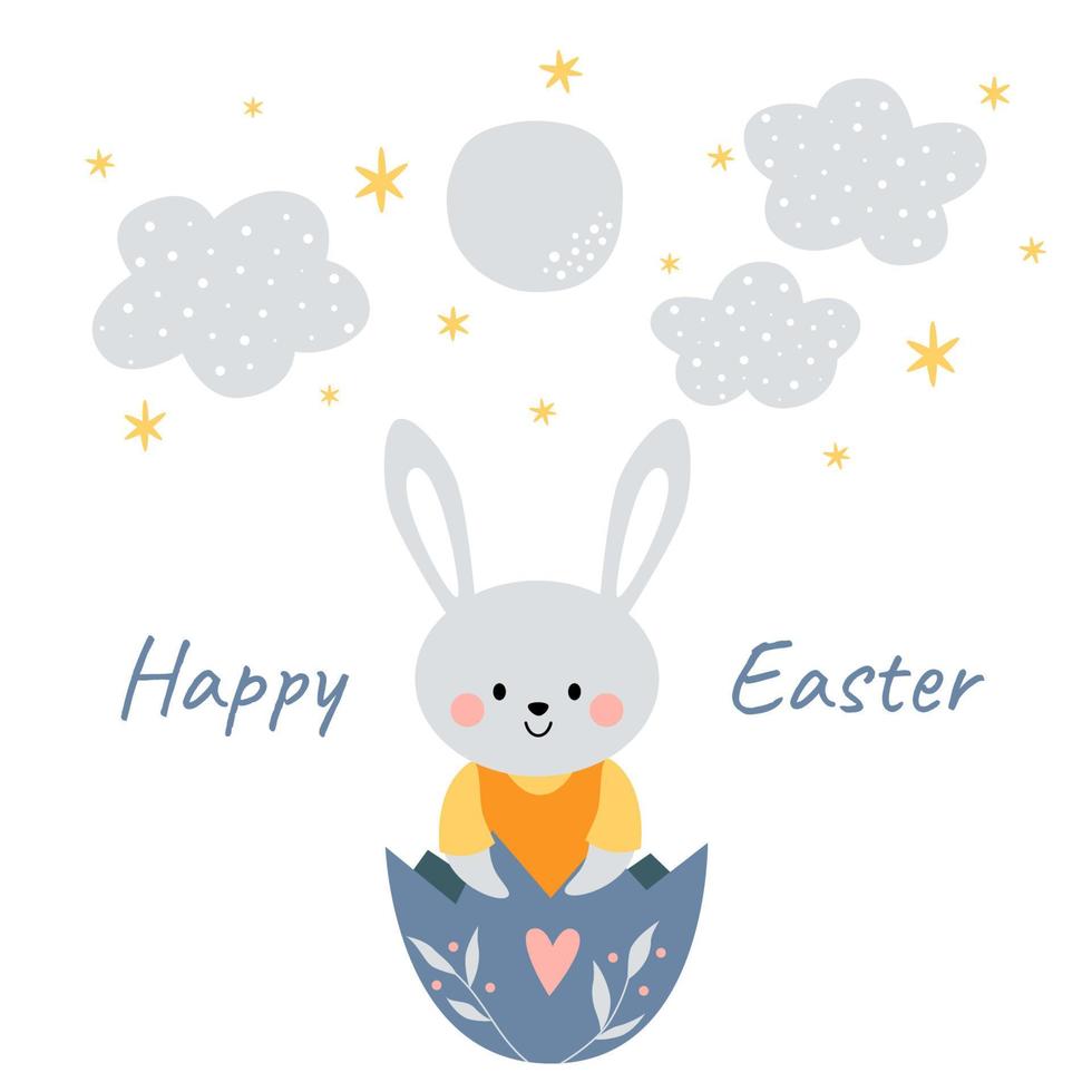 Kawaii cute bunny, rabbit in eggshell with moon, stars and clouds. Happy Easter. Charming clipart for postcards, prints, banners, templates, social media, web. Vector cartoon illustration.