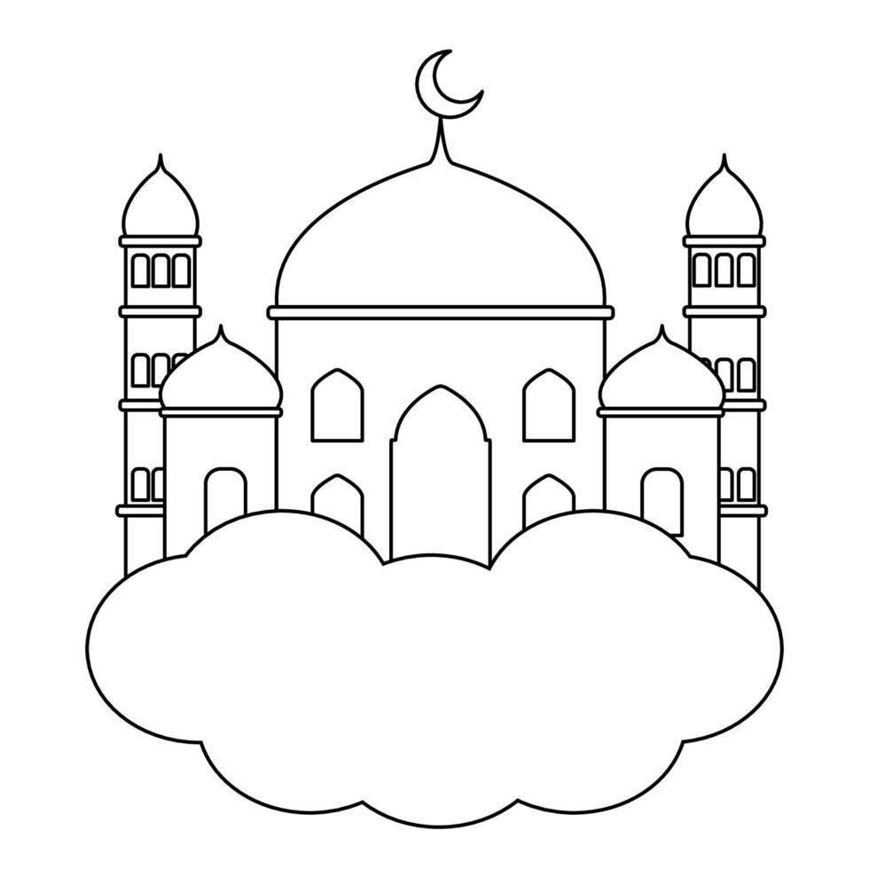 Coloring book ramadan mosque above the clouds vector