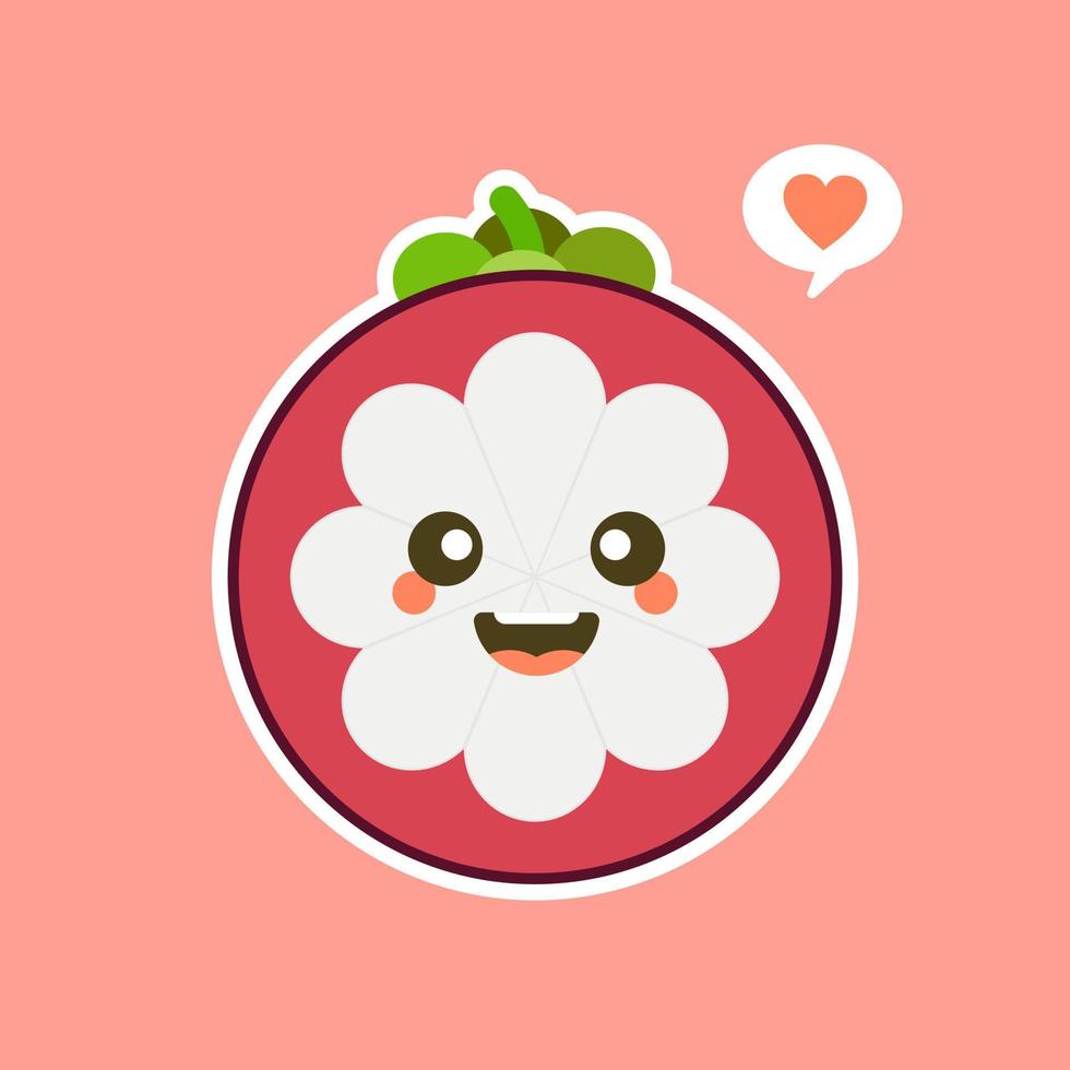 ilustración de mangostán de dibujos animados planos lindos y kawaii. ilustración vectorial de lindo mangostán con una expresión sonriente. lindo diseño de mascota de fruta vector