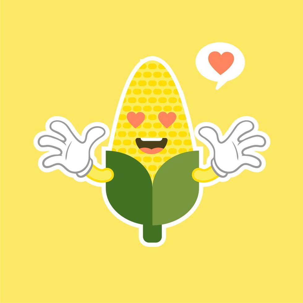 Very adorable corn character. Cute funny corn in cartoon kawai style. Vector isolate on color background