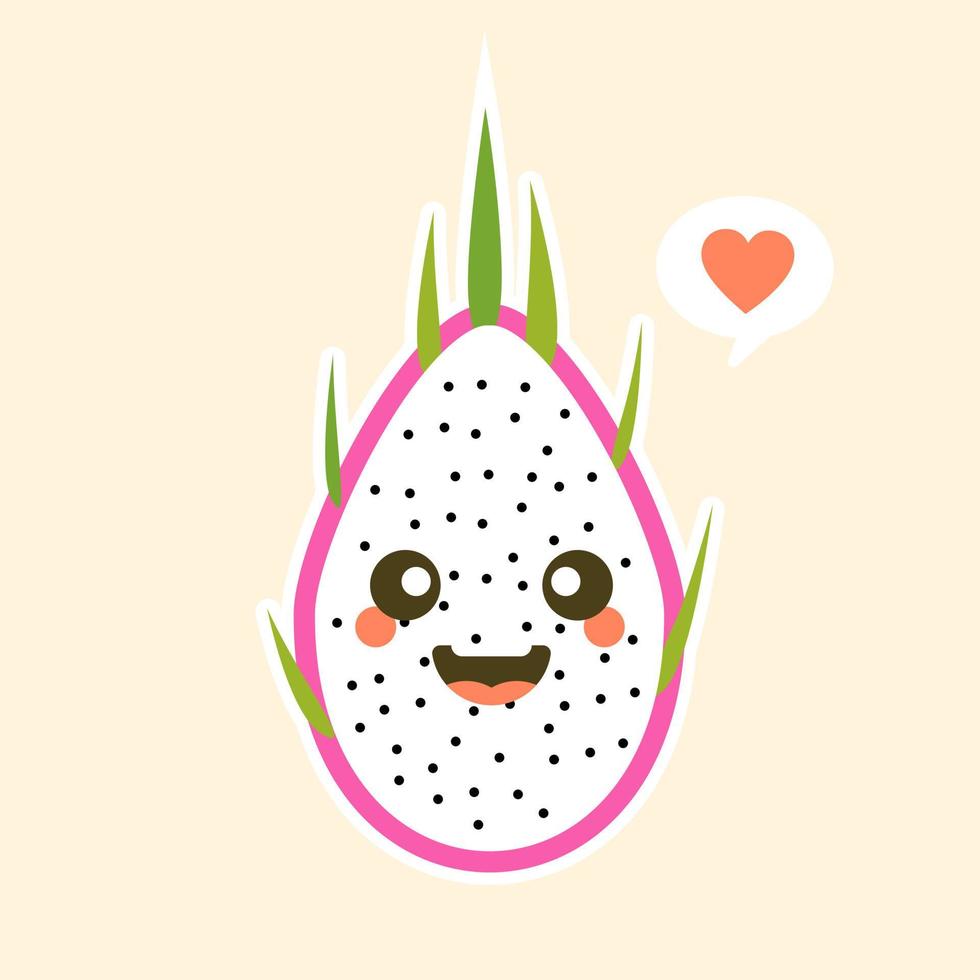 Cartoon cute dragon fruit character in kawaii style. S Design for t shirts, stickers, posters, cards etc. Vector illustration on color background