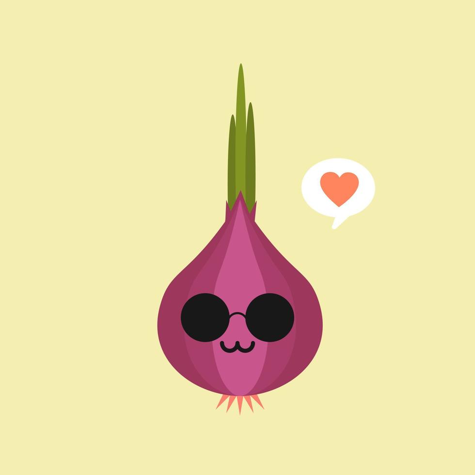 ilustración de una mascota de cebolla linda y kawaii con expresión de carácter aislada en el fondo de color. estilo de diseño plano para la marca de tu mascota. emoji del sitio web vector