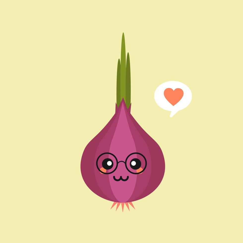 ilustración de una mascota de cebolla linda y kawaii con expresión de carácter aislada en el fondo de color. estilo de diseño plano para la marca de tu mascota. emoji del sitio web vector