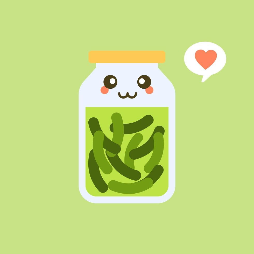 Kawaii and cute pickles in jar, isolated jar of pickled cucumbers. Marinated vegetables in can, homemade production full of probiotics. Fermented veggies, crunch gherkin with salt. Flat design style vector