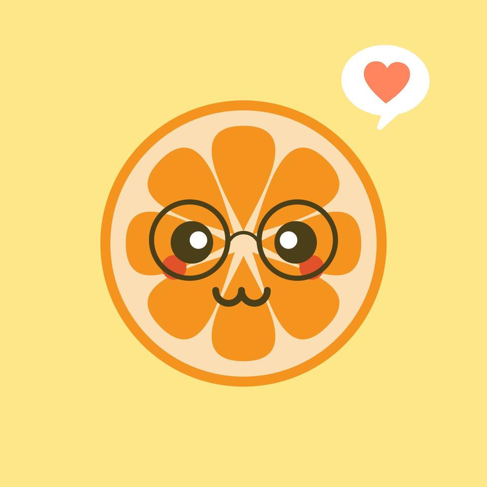 personaje de dibujos animados lindo y kawaii naranja. ilustración de personaje de fruta orgánica feliz saludable. frutas cítricas que son ricas en vitamina c. agrio, ayudando a sentirse fresco. vector