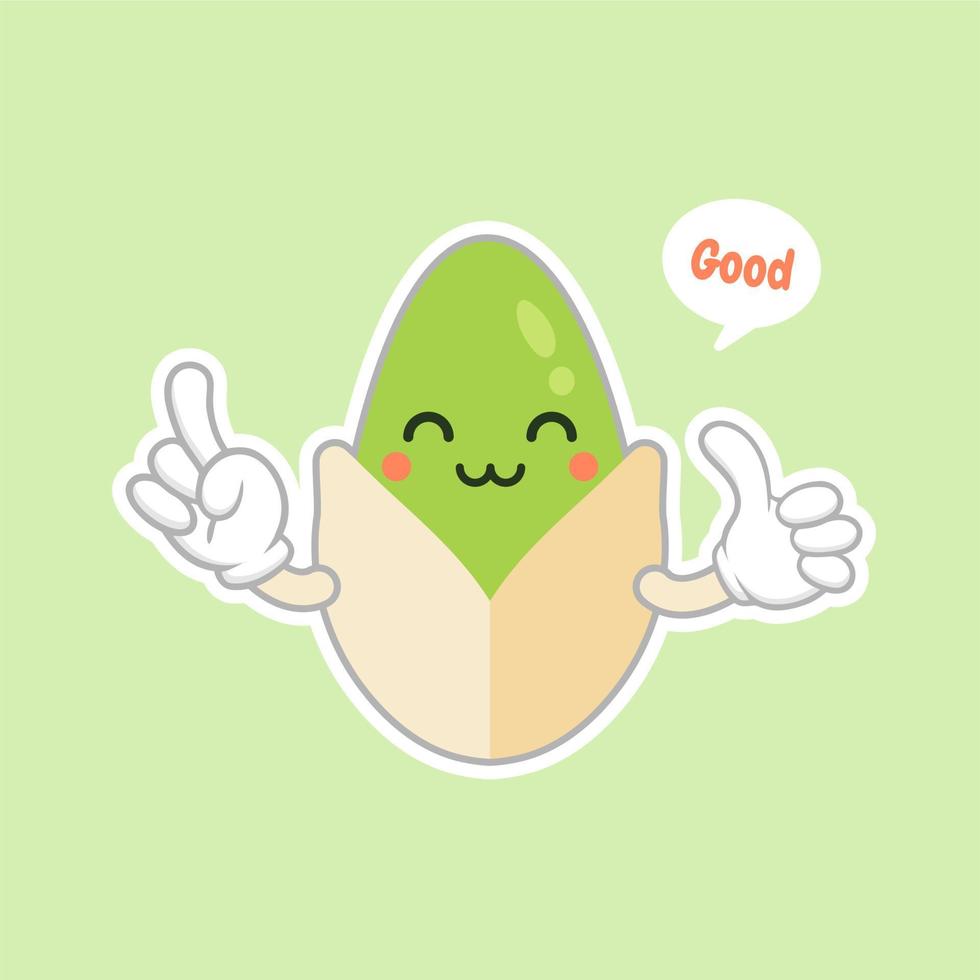 lindo y kawaii personaje de dibujos animados de nueces de pistacho. merienda tradicional. comida sana. adorno de nuez. vector