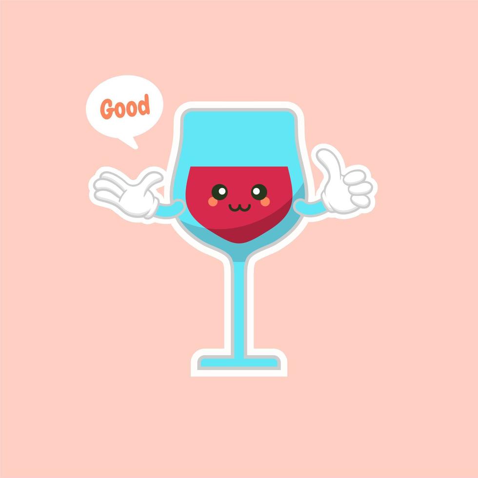 cute and kawaii glass of red wine, cartoon character design. Alcohol mascot. Transparent glass. Flat vector illustration isolated on color background