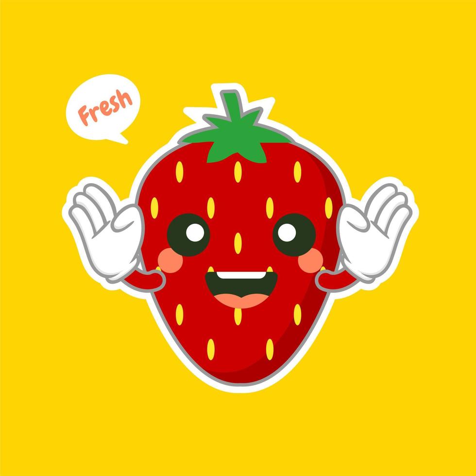 lindo y kawaii personaje de fruta de fresa. se puede utilizar en el menú del restaurante, en los libros de cocina y en la etiqueta de la granja orgánica. comida sana. sabroso vegano. Producto organico. ingrediente culinario. vector