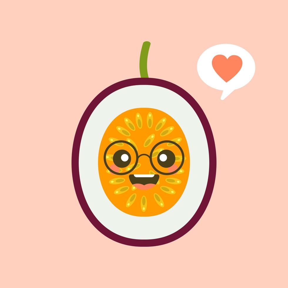 Cute smiling exotic passion fruit. Kawaii fruit character. tropical fruit design Isolated colorful vector icon