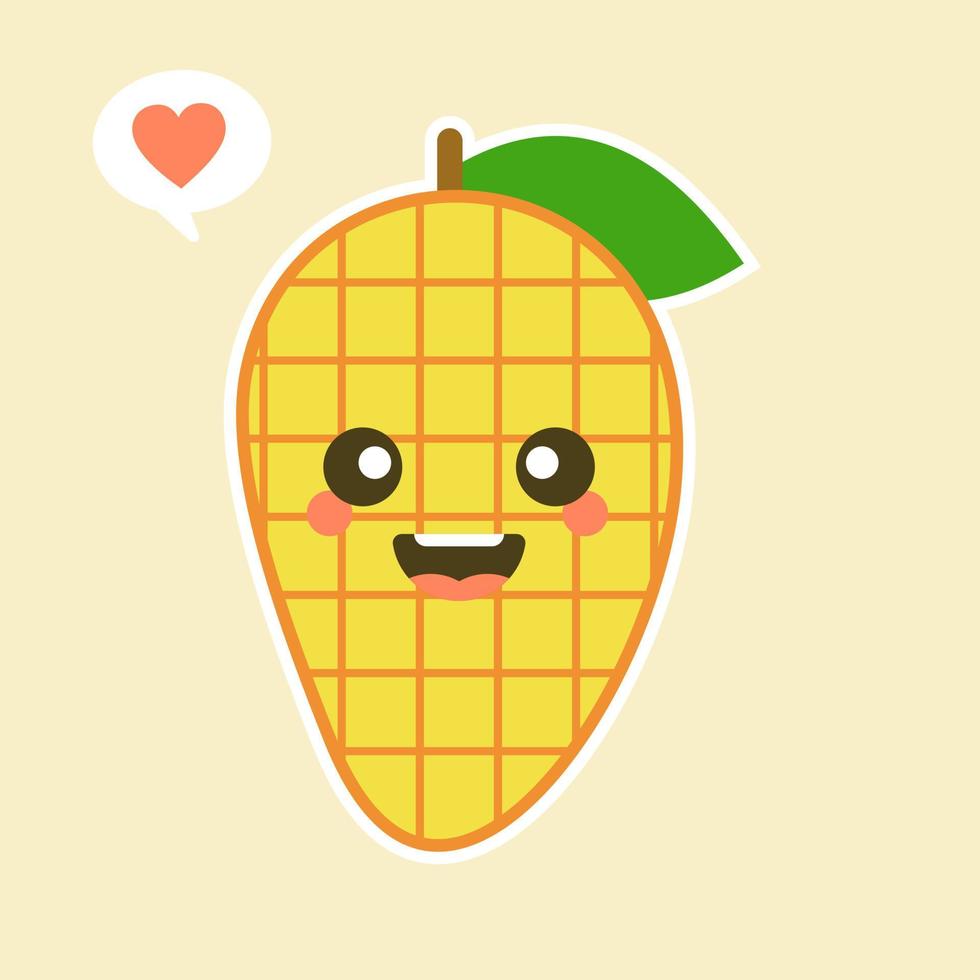 Cute and kawaii Flat Cartoon Mango Illustration. Vector illustration of cute mango with smilling expression. Cute mango mascot design