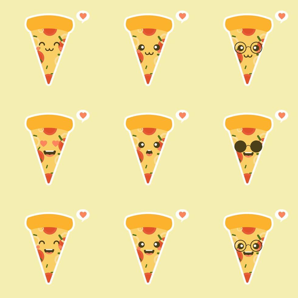 Funny Pizza slice. Cute pizza character set isolated on color background . Fast food characters. can use in the menu, in the shop, in the bar, the card or stickers. Easy to edit. vector