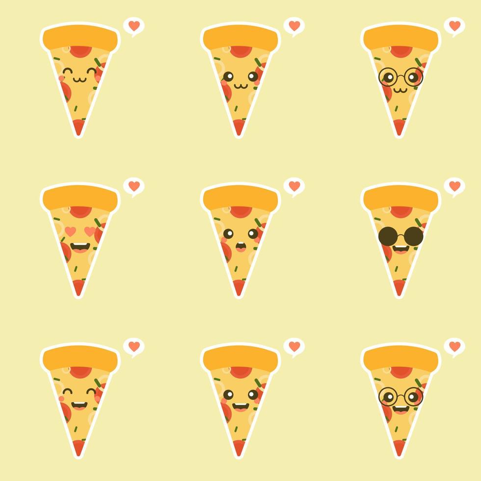 rebanada de pizza divertida. lindo conjunto de caracteres de pizza aislado sobre fondo de color. personajes de comida rápida. puede usar en el menú, en la tienda, en la barra, la tarjeta o pegatinas. fácil de editar vector