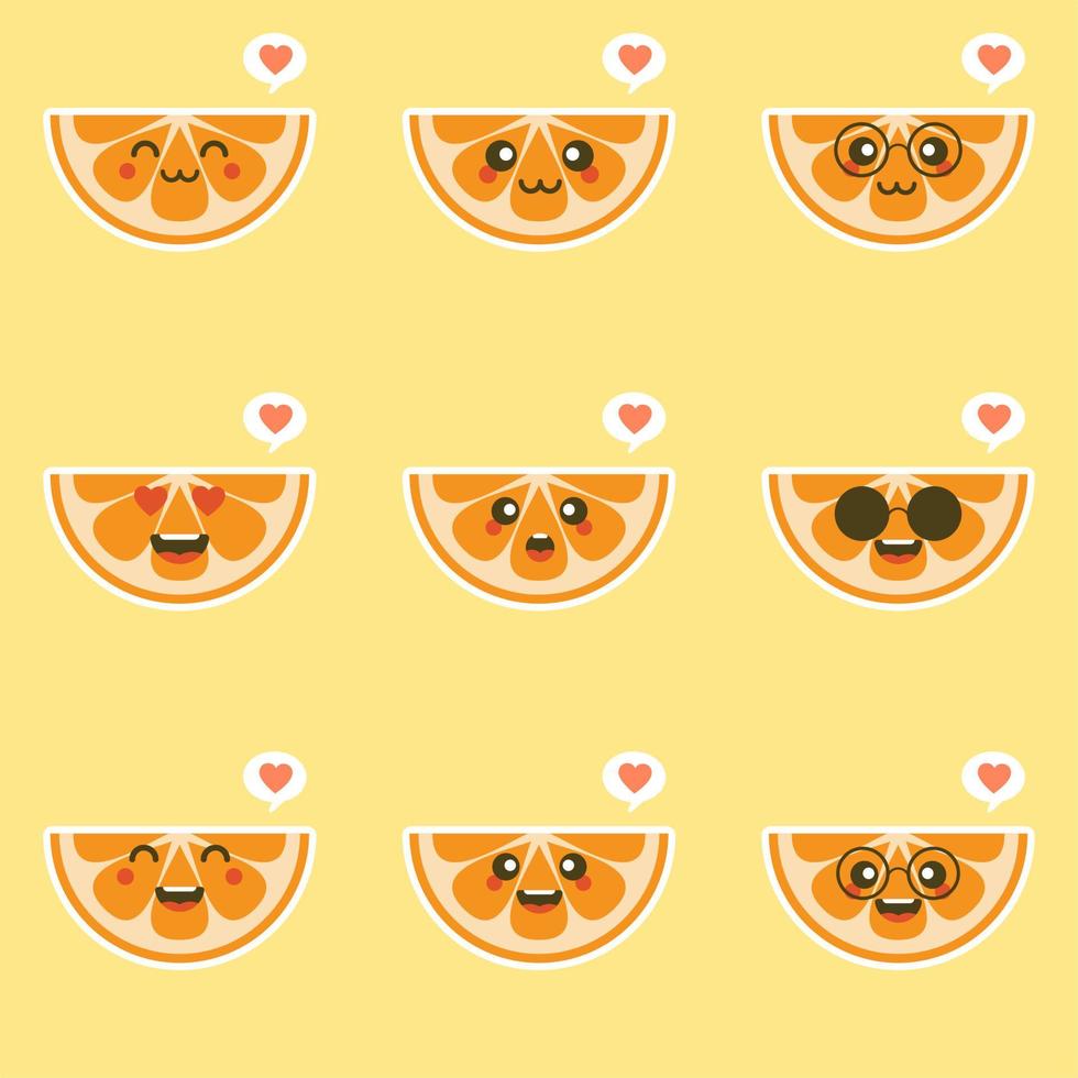 cute and kawaii Cartoon character orange. Healthy Happy Organic Fruit Character Illustration. Citrus fruits that are high in vitamin C. Sour, helping to feel fresh. vector