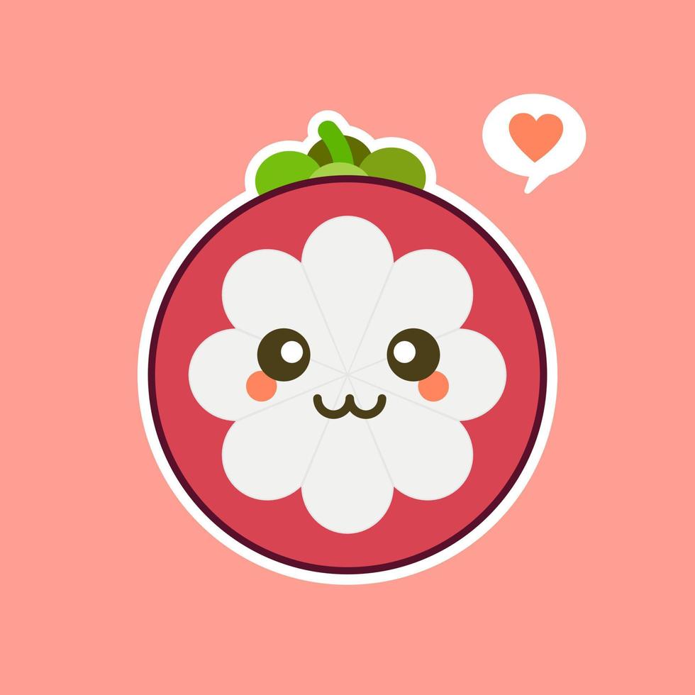 Cute and kawaii Flat Cartoon Mangosteen Illustration. Vector illustration of cute mangosteen with a smiling expression. Cute fruit mascot design