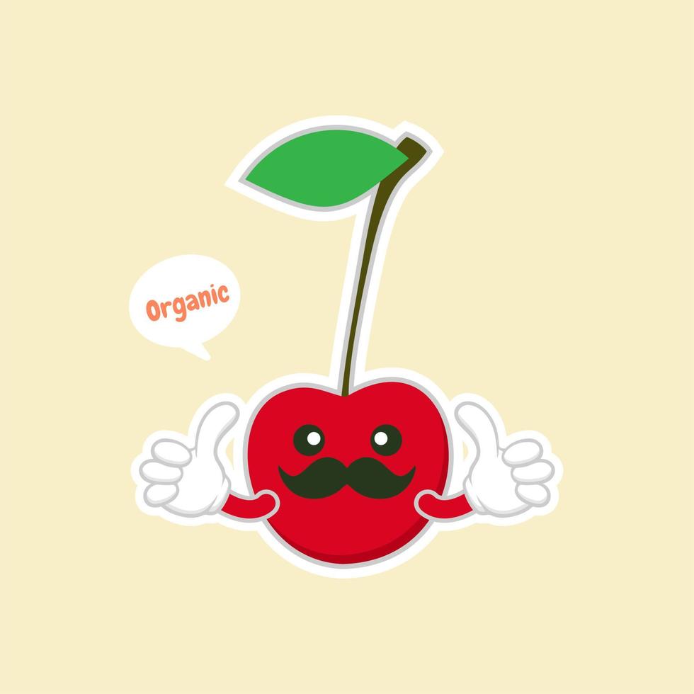 personajes de cereza lindos y kawaii. diseño de frutas con personajes de vector de cereza. personaje de cereza lindo, ilustración de vector de dibujos animados de cereza. carácter de vector de fruta lindo aislado sobre fondo de color.