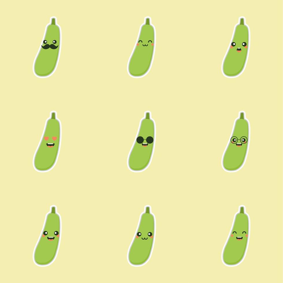 Cute and Kawaii Green Eggplant Cartoon Character icon on color background vector