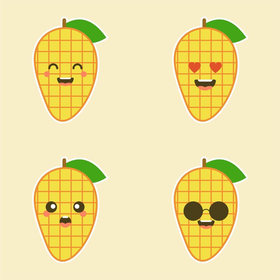 Cute and kawaii Flat Cartoon Mango Illustration. Vector illustration of cute mango with smilling expression. Cute mango mascot design