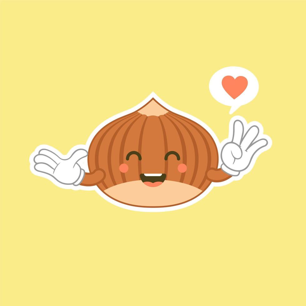 Cute happy brown hazelnut character. Cute happy hazelnut character flat design. Funny nut emoticon in flat style. Brown hazelnut emoji vector illustration. Healthy vegetarian food