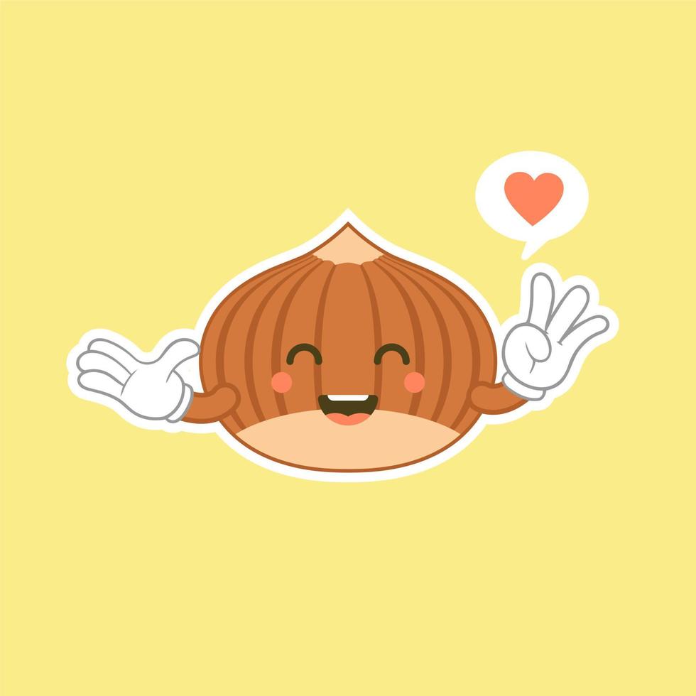 lindo personaje de avellana marrón feliz. lindo diseño plano de personaje de avellana feliz. divertido emoticono de nuez en estilo plano. ilustración de vector de emoji de avellana marrón. comida vegetariana saludable