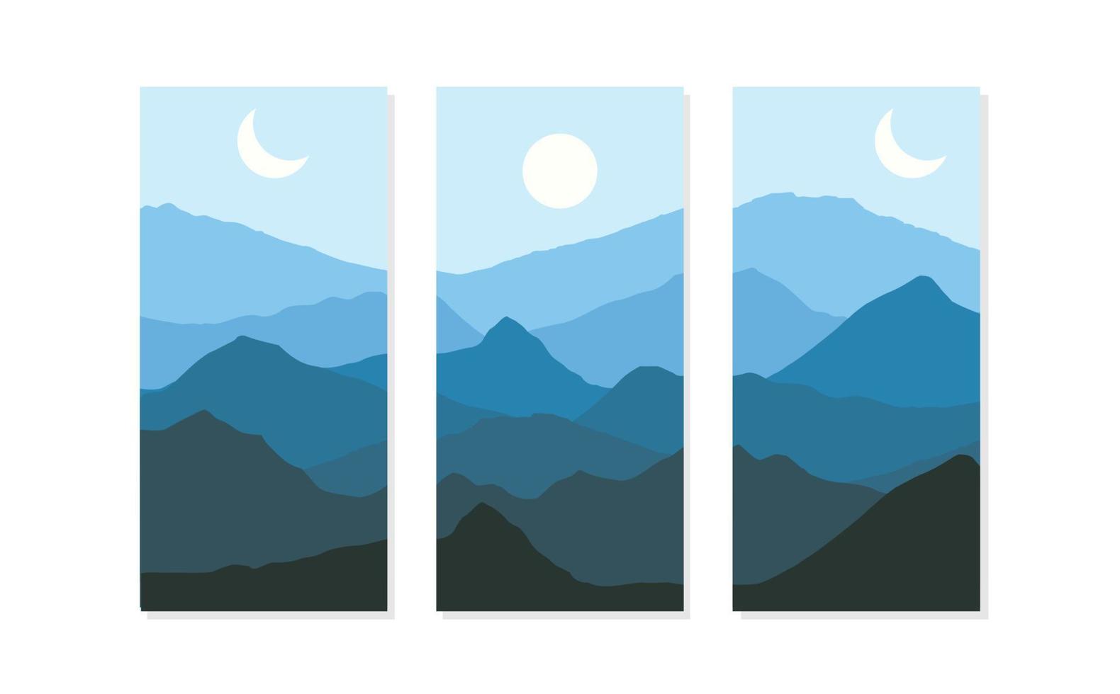 paisaje diurno y nocturno, paisaje montañoso con luna, sol, ilustración de diseño plano vectorial vector