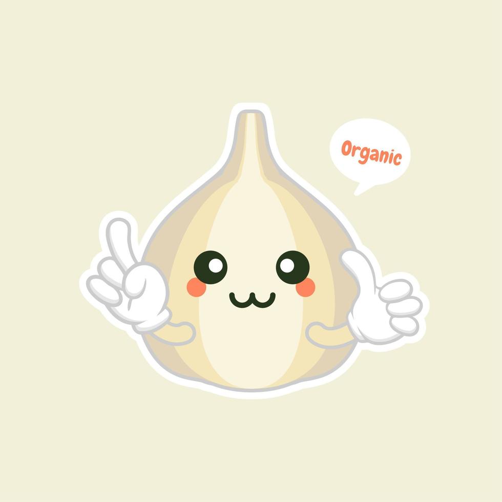 cute and kawaa garlic cartoon character flat design vector illustration. can use restaurant menu, cooking books and organic farm label. Healthy food. Tasty vegan. Organic product. Culinary ingredient.