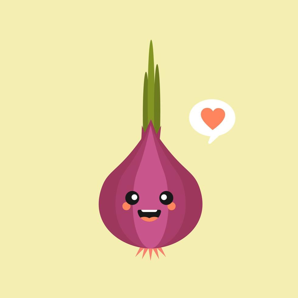ilustración de una mascota de cebolla linda y kawaii con expresión de carácter aislada en el fondo de color. estilo de diseño plano para la marca de tu mascota. emoji del sitio web vector