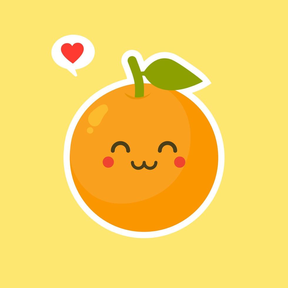 personaje de dibujos animados de fruta naranja lindo y kawaii aislado en el vector de fondo de color. divertido icono de cara de emoticono naranja positivo y amigable. comida de cara de dibujos animados de sonrisa feliz, mascota de fruta cómica