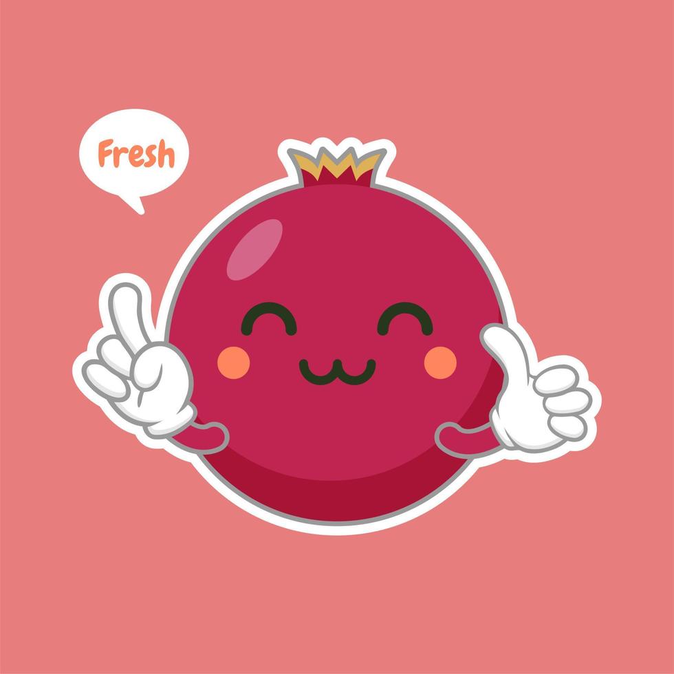 Cute and kawaii pomegranate cartoon character isolated on color background vector illustration. Funny positive and friendly emoticon face icon. Happy smile cartoon face food emoji, comical fruit