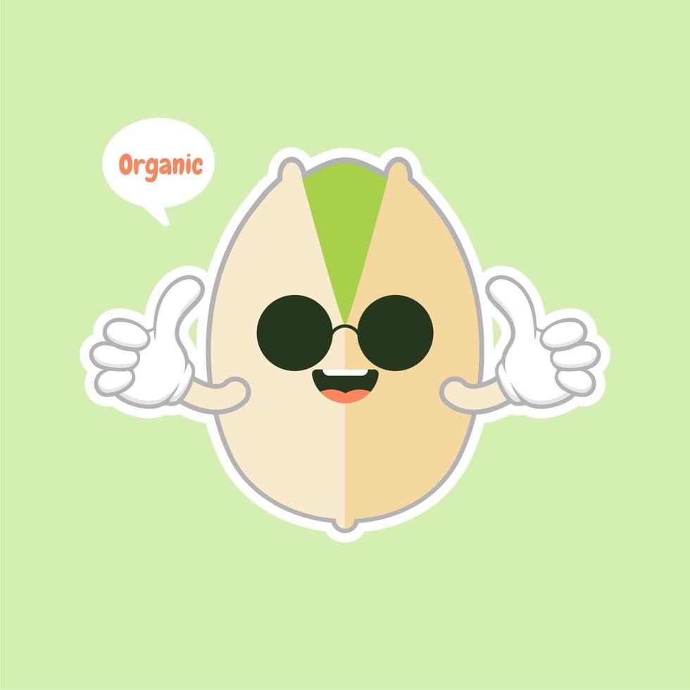 cute and kawaii Pistachio nuts character in the shell. Open and fried fresh organic food. Singles and group. Nuts vector illustrations isolated on color background.