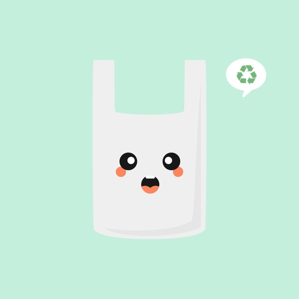 Plastic bag cartoon character vector stickers. Ecologic sticker with plastic pack. Prohibited plastic trash. Proper utilization of non-biodegradable waste. Environmental icon. Sustainable development