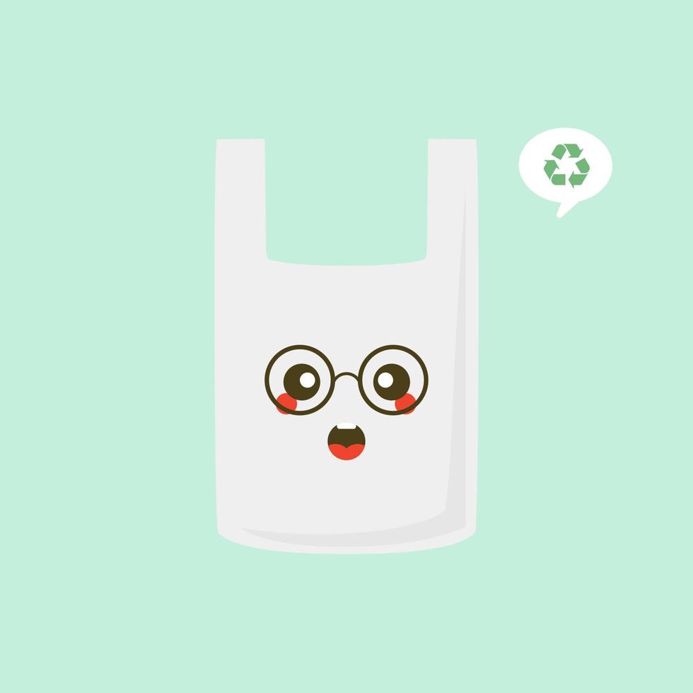 Plastic bag cartoon character vector stickers. Ecologic sticker with plastic pack. Prohibited plastic trash. Proper utilization of non-biodegradable waste. Environmental icon. Sustainable development