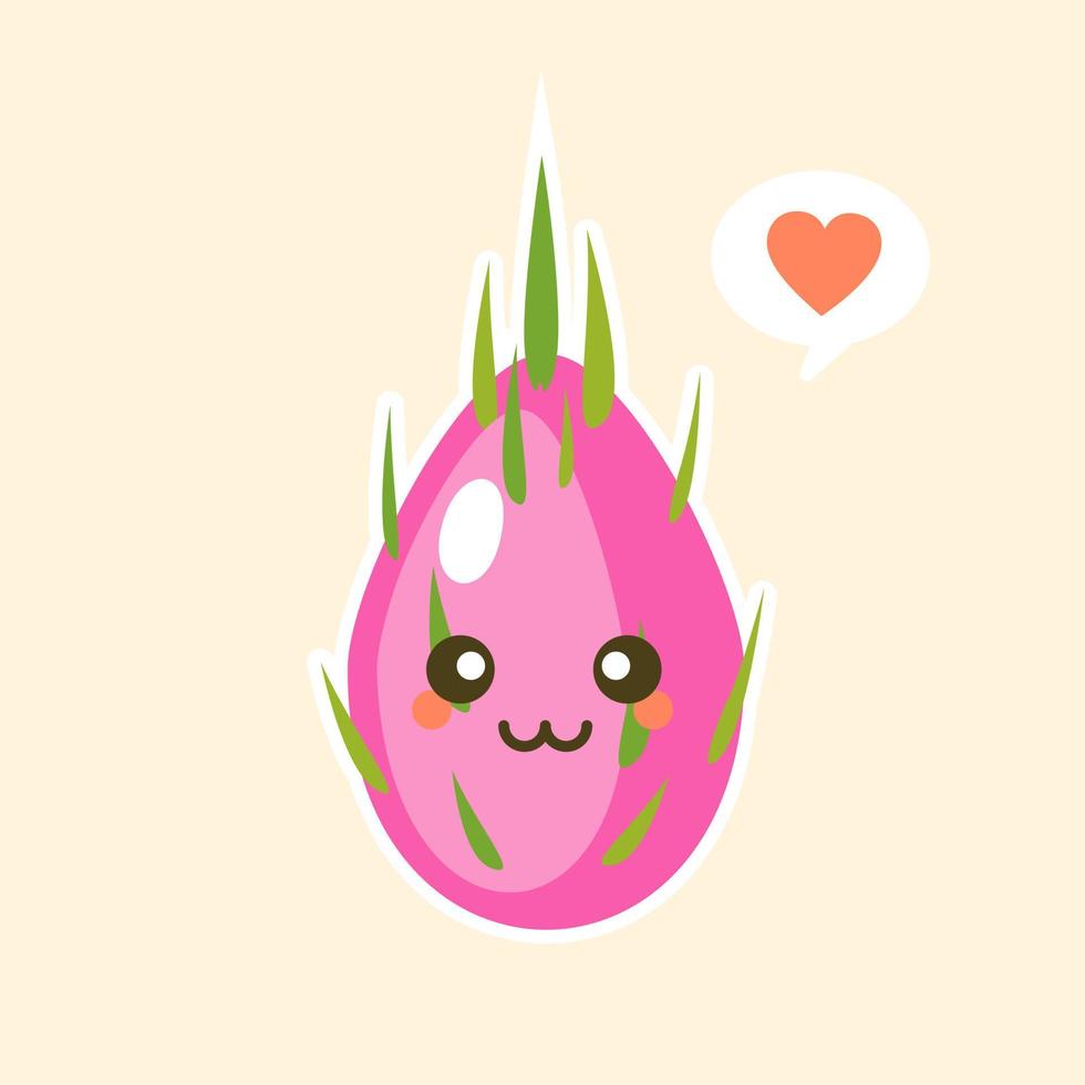 Cartoon cute dragon fruit character in kawaii style. S Design for t shirts, stickers, posters, cards etc. Vector illustration on color background