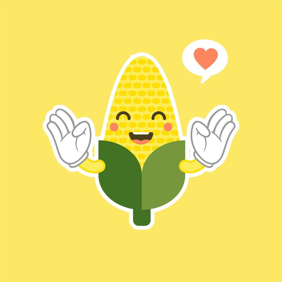 Very adorable corn character. Cute funny corn in cartoon kawai style. Vector isolate on color background