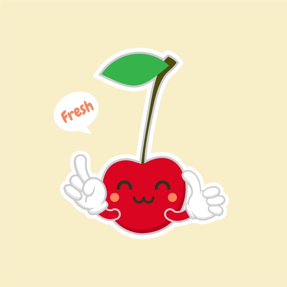 personajes de cereza lindos y kawaii. diseño de frutas con personajes de vector de cereza. personaje de cereza lindo, ilustración de vector de dibujos animados de cereza. carácter de vector de fruta lindo aislado sobre fondo de color.