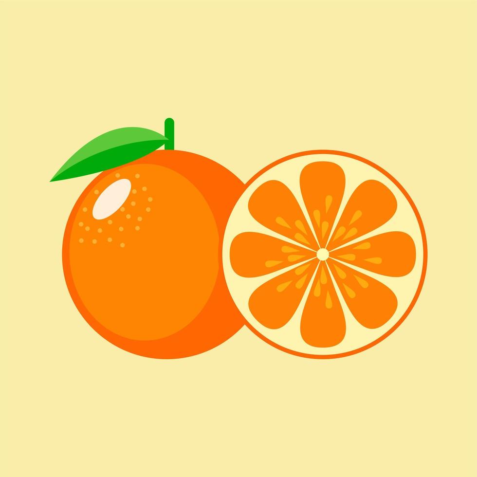 rodaja de fruta de naranja. Ilustración de vector de naturaleza de nutrición orgánica natural de comida de fruta naranja. conjunto de fruta fresca entera y media naranja con hojas aisladas sobre fondo de color.mandarina. fruta organica
