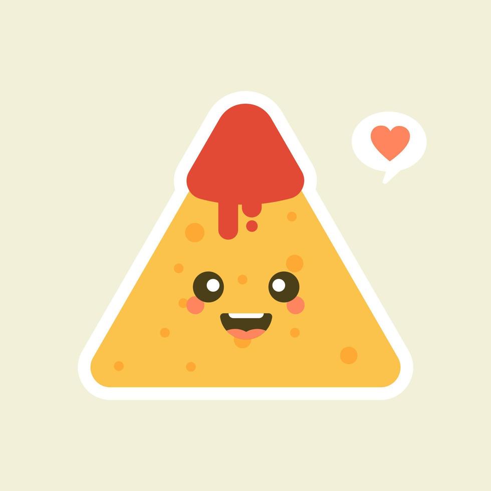 Funny characters Nachos with tomato salsa sauce. Nice mexican food. Vector illustration