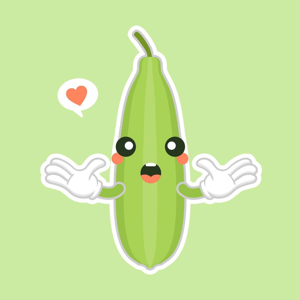 Cute and kawaii Luffa cartoon character. Loofah Luffa acutangula, or sponge gourd, vegan plant. Hand drawn botanical vector illustration. Loffa vegetarian plant. Vegetable vector illustration